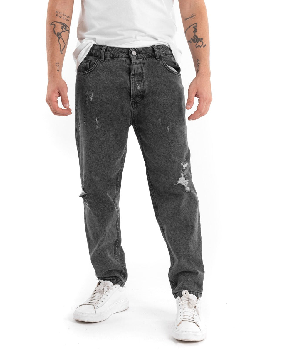 Pantaloni Jeans Uomo Loose Fit Nero Denim Con Rotture Cinque Tasche GIOSAL-P5451A