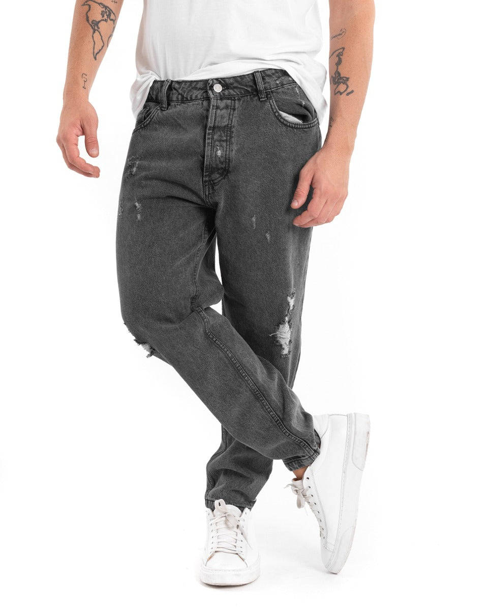 Pantaloni Jeans Uomo Loose Fit Nero Denim Con Rotture Cinque Tasche GIOSAL-P5451A