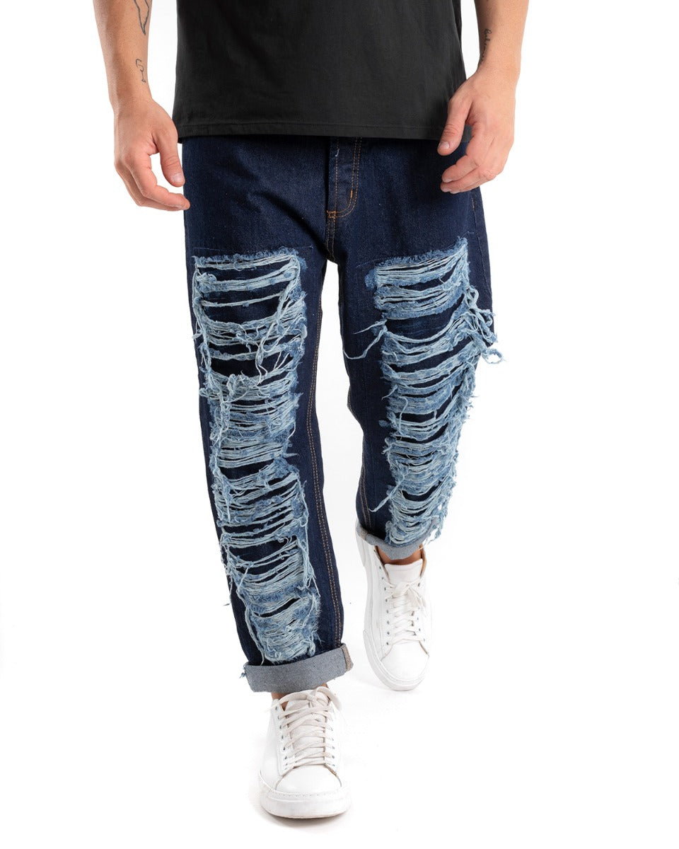Pantaloni Jeans Uomo Denim Scuro Con Rotture Baggy Ripped Cinque Tasche GIOSAL-P5452A