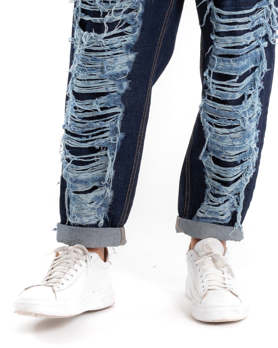 Men's Dark Denim Jeans Trousers With Baggy Ripped Rips Five Pockets GIOSAL-P5452A