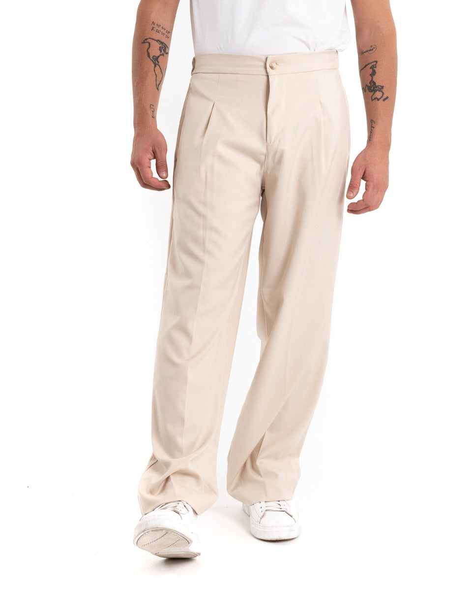 Men's Long Solid Color Cream Wide Leg Casual Loose Viscose Trousers GIOSAL