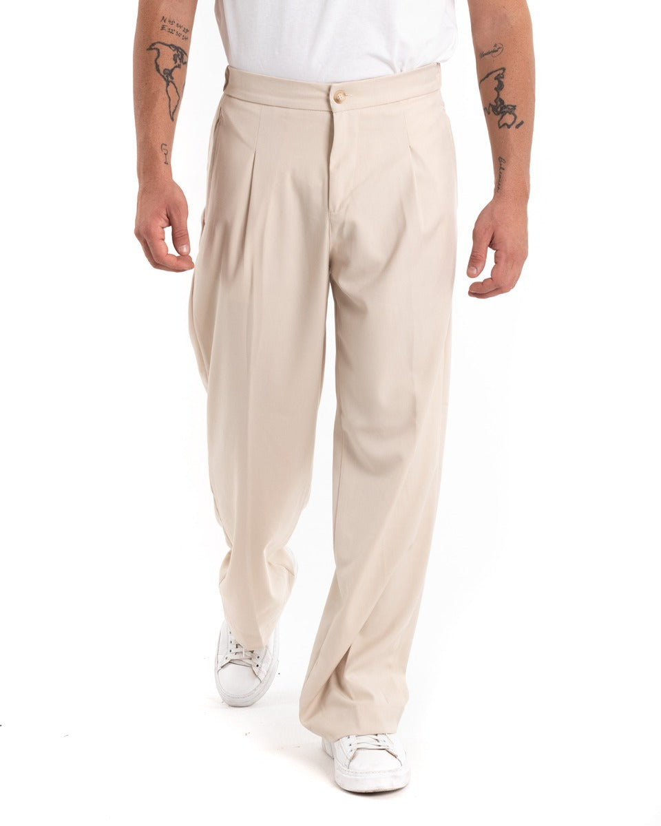 Men's Long Solid Color Cream Wide Leg Casual Loose Viscose Trousers GIOSAL