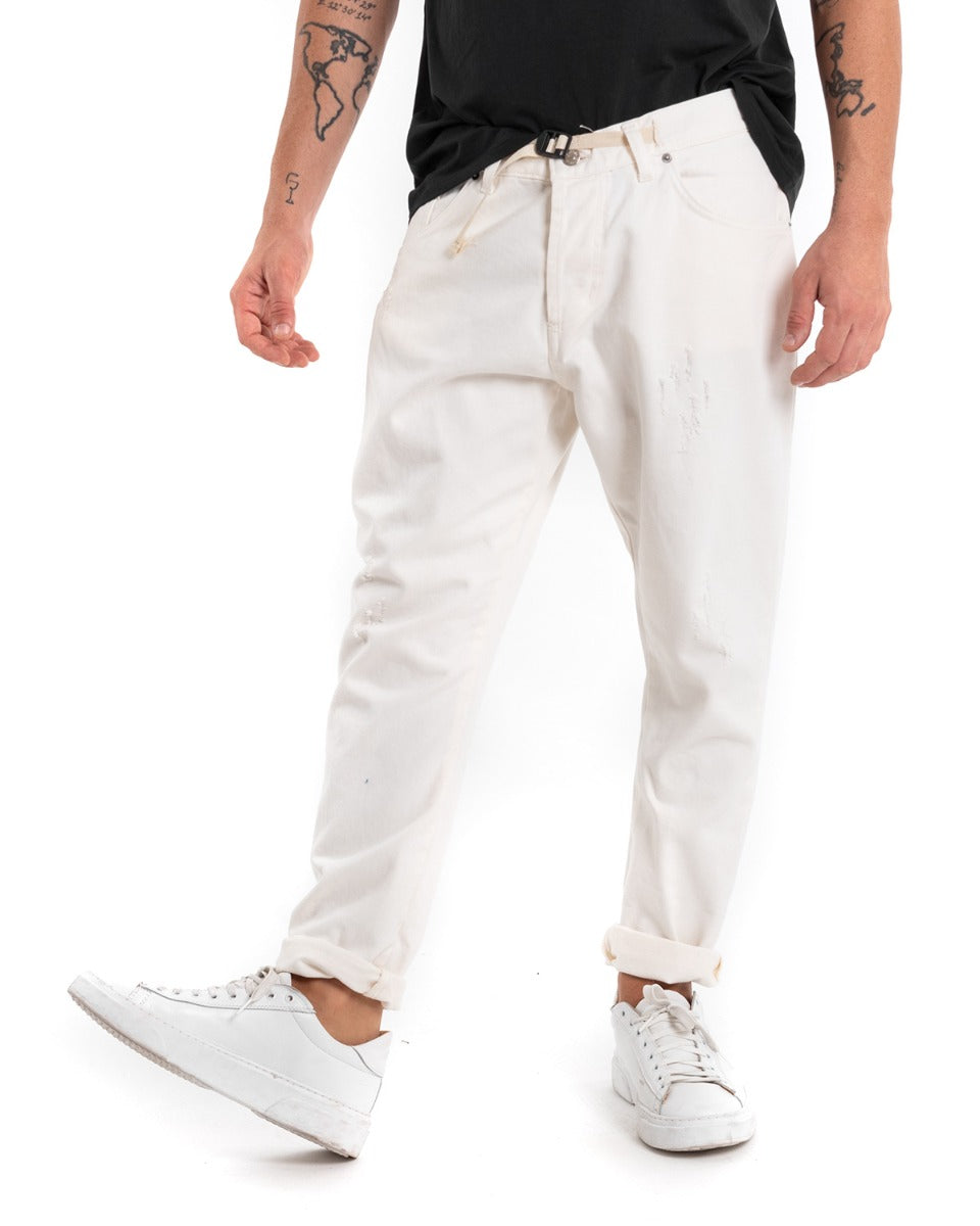 Pantaloni Jeans Con Rotture Uomo Loose Fit Bianco Cinque Tasche Casual GIOSAL-P5463A