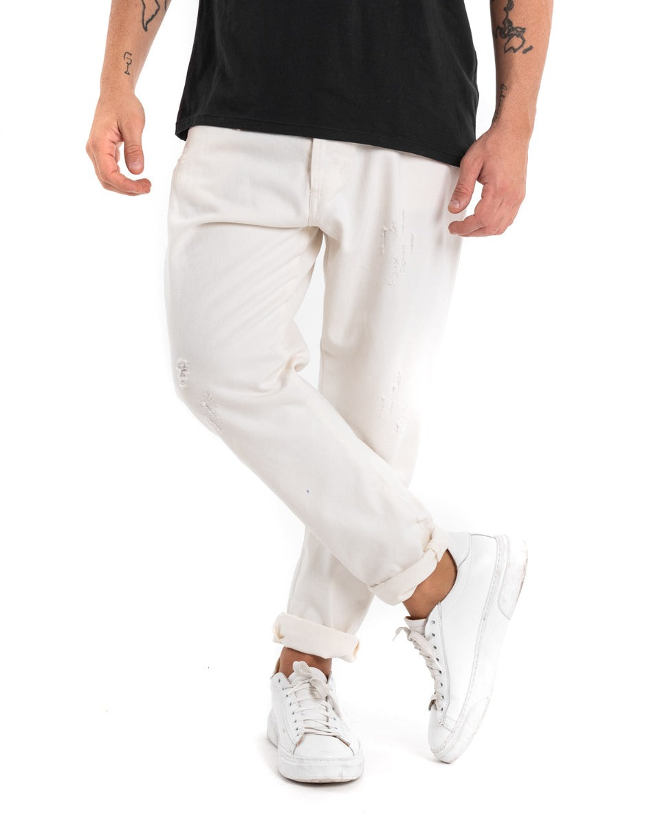 Pantaloni Jeans Con Rotture Uomo Loose Fit Bianco Cinque Tasche Casual GIOSAL-P5463A