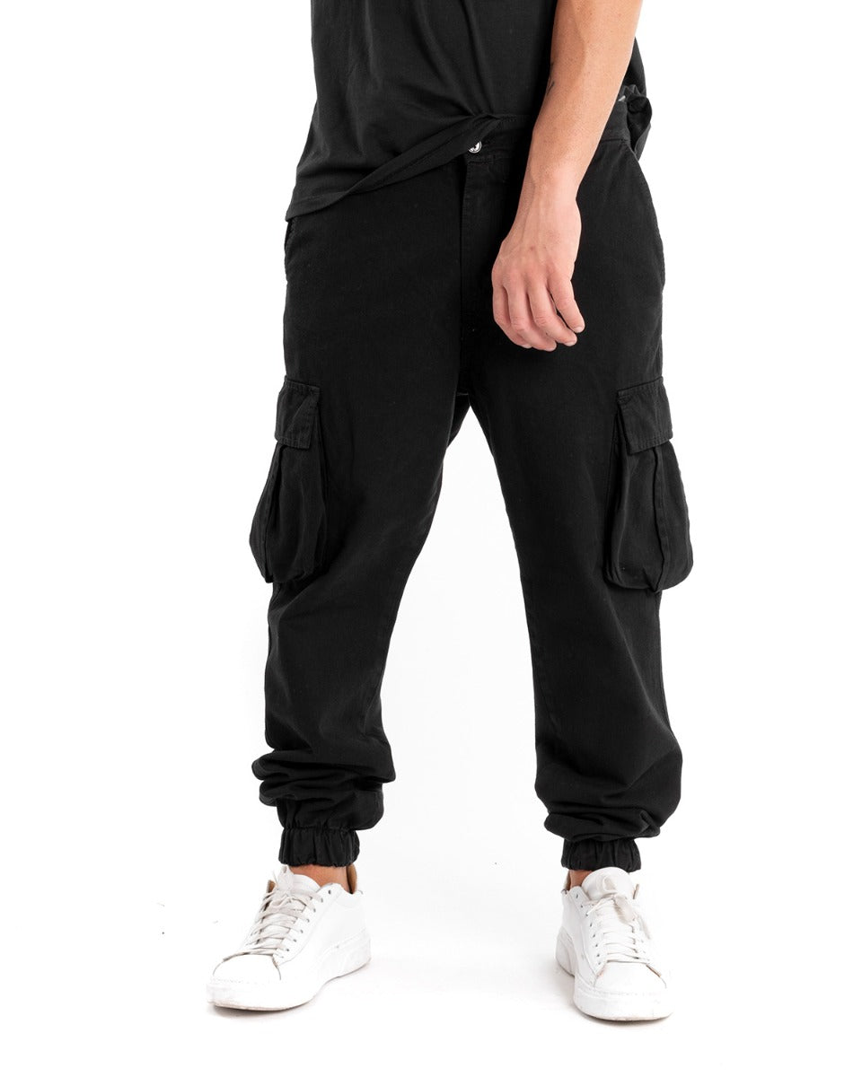 Men's Long Cargo Pants with Pockets Solid Color Black Casual GIOSAL