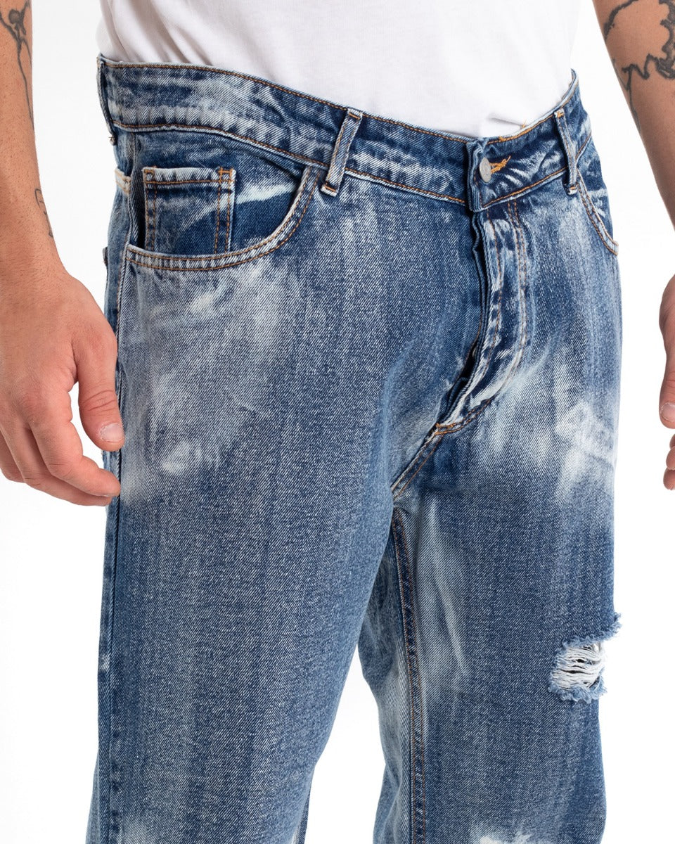 Pantaloni Jeans Uomo Loose Fit Classico Cinque Tasche Con Rotture Stone Washed Casual Denim Sfumato GIOSAL-P5472A