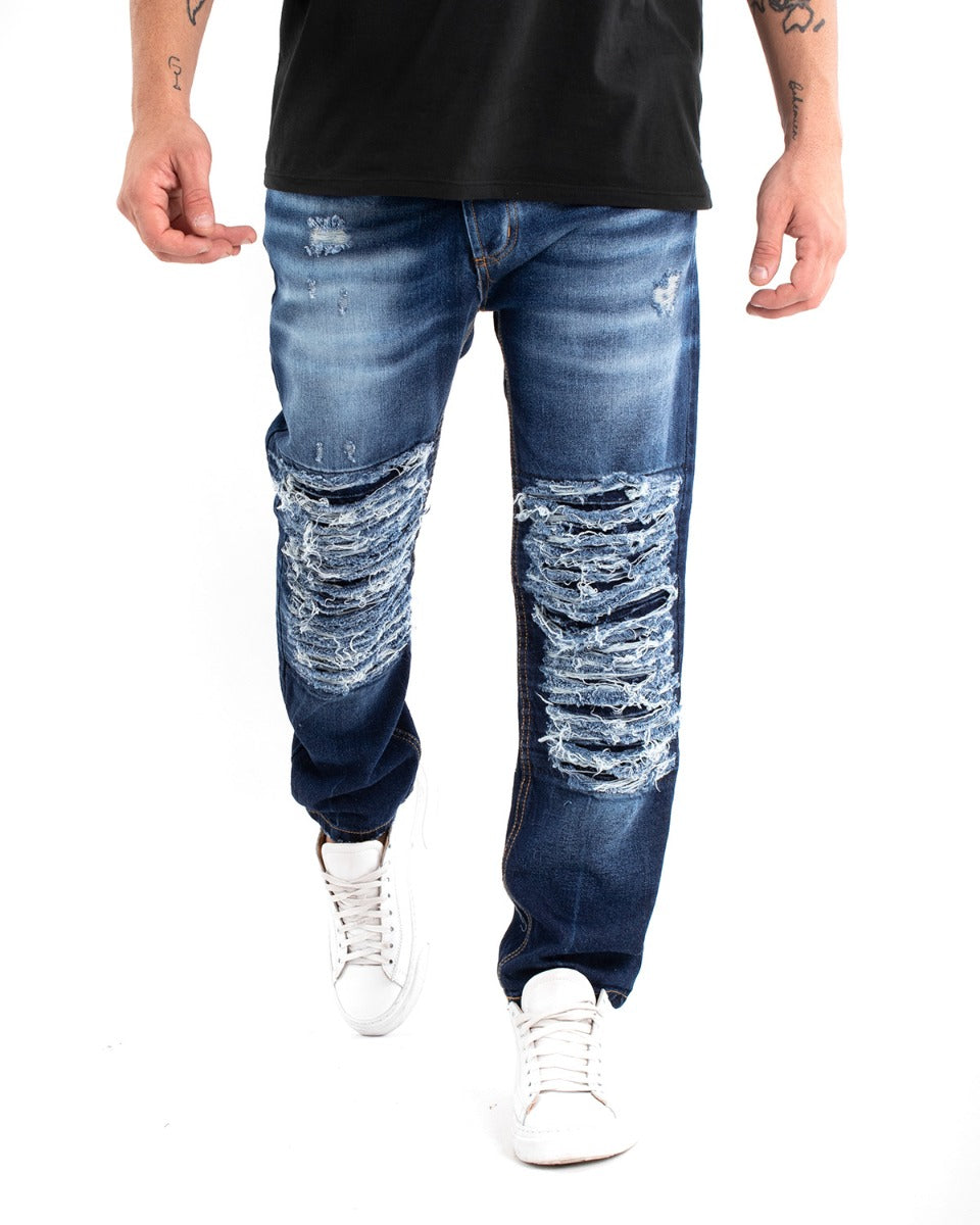 Pantaloni Jeans Uomo Loose Fit Sfumato Ripped Denim Scuro Cinque Tasche GIOSAL-P5482A