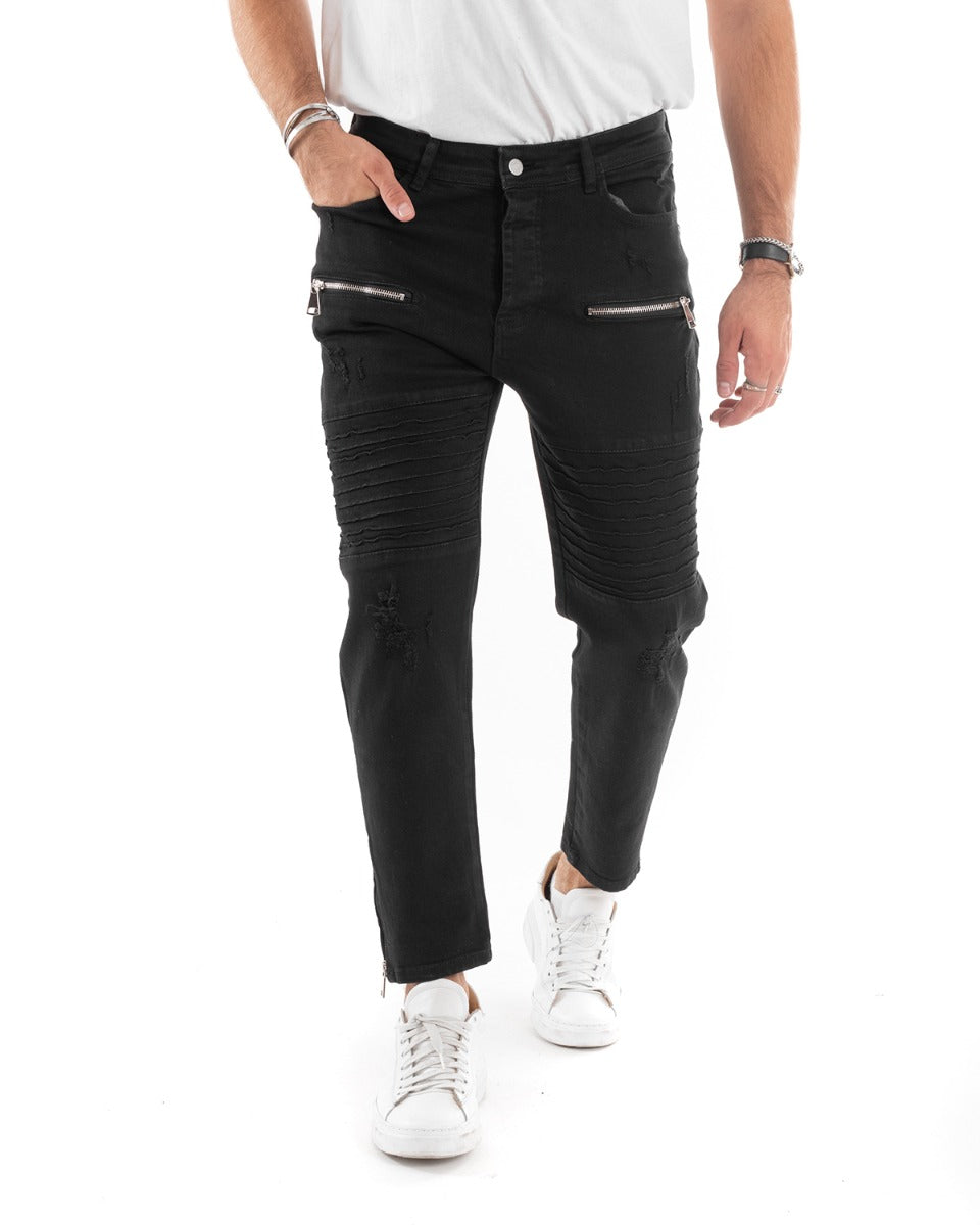 Men's Jeans Pants Slim Fit Black Biker Five Pockets With Casual Zip GIOSAL-P5506A
