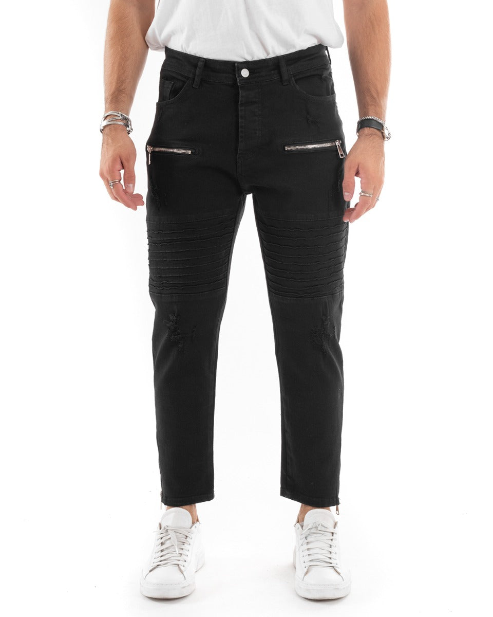 Men's Jeans Pants Slim Fit Black Biker Five Pockets With Casual Zip GIOSAL-P5506A