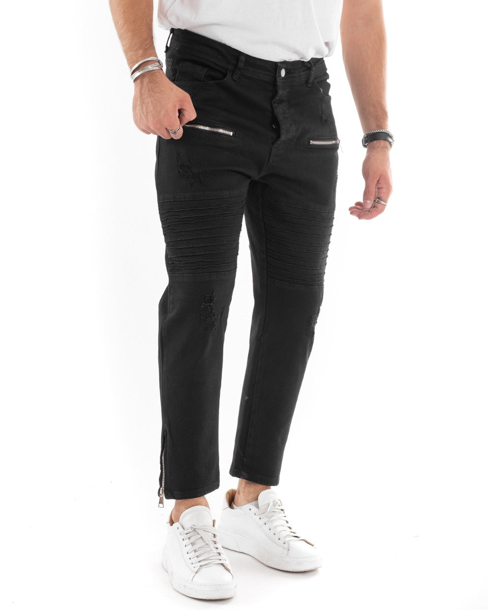 Pantaloni Jeans Uomo Slim Fit Biker Nero Cinque Tasche Con Zip Casual GIOSAL-P5506A