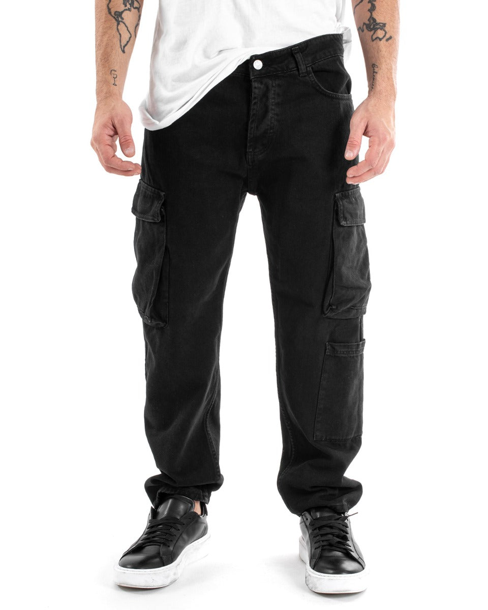 Men's Straight Fit Black Cargo Jeans Trousers Five Pockets Casual GIOSAL-P5549A
