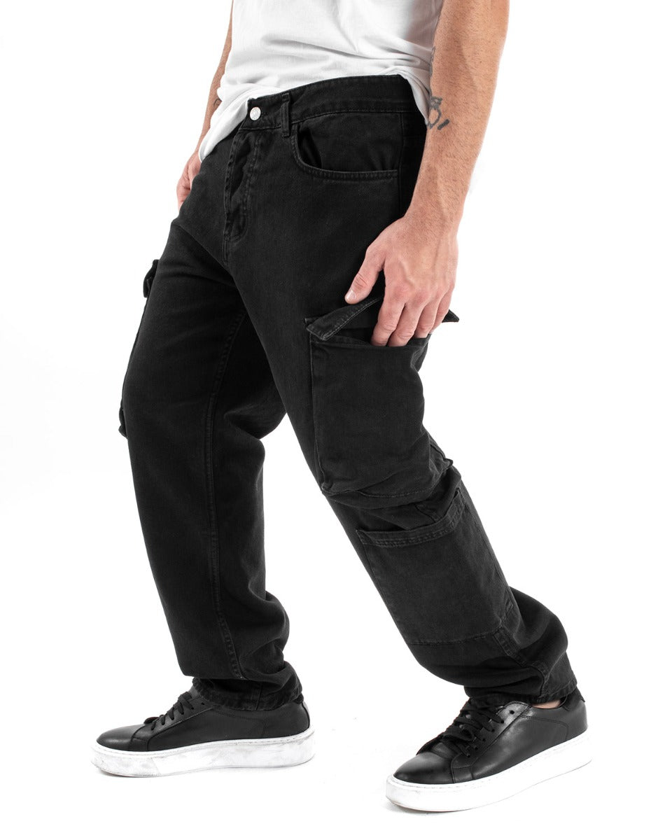 Pantaloni Jeans Uomo Straight Fit Cargo Nero Cinque Tasche Casual GIOSAL-P5549A