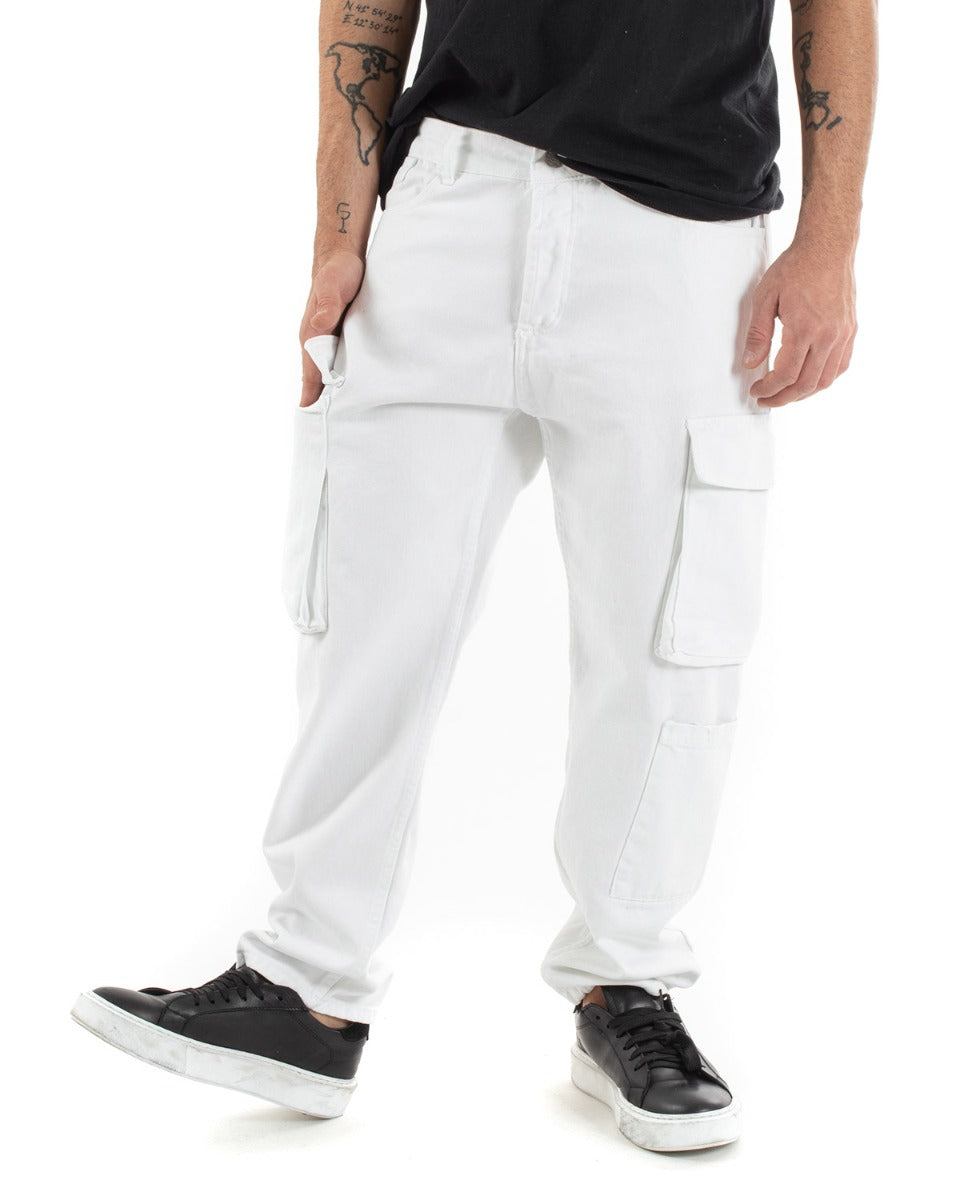 Pantaloni Jeans Uomo Straight Fit Cargo Bianco Cinque Tasche Casual GIOSAL-P5551A