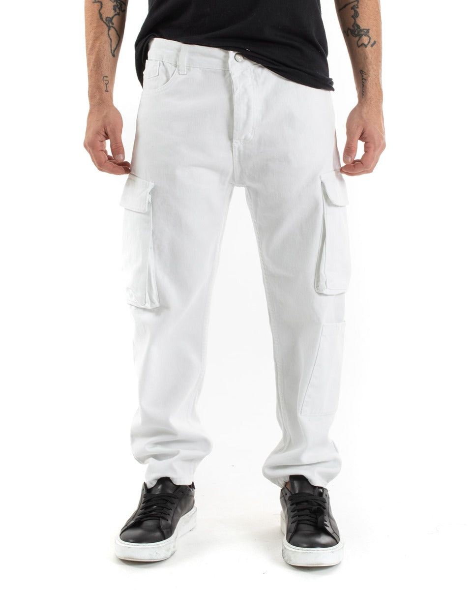 Men's Straight Fit Cargo Jeans Trousers White Five Pockets Casual GIOSAL-P5551A