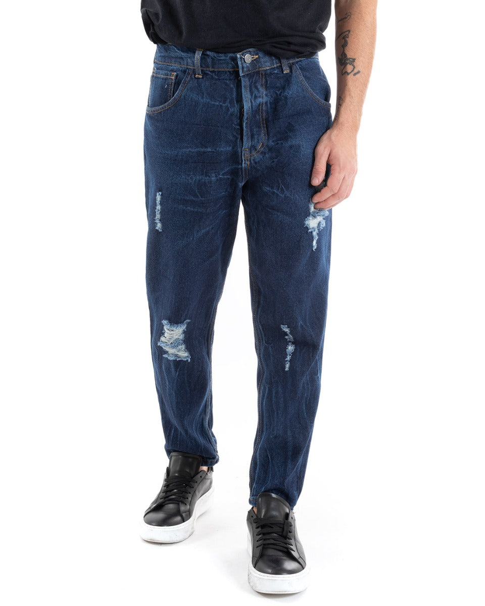 Pantaloni Jeans Uomo Loose Fit Denim Scuro Con Rotture Cinque Tasche GIOSAL-P5556A