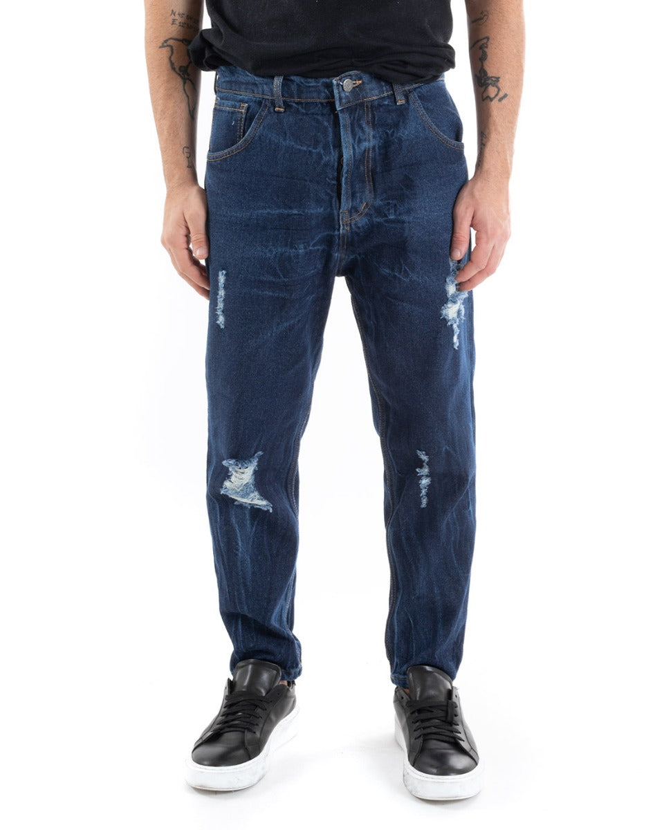Pantaloni Jeans Uomo Loose Fit Denim Scuro Con Rotture Cinque Tasche GIOSAL-P5556A
