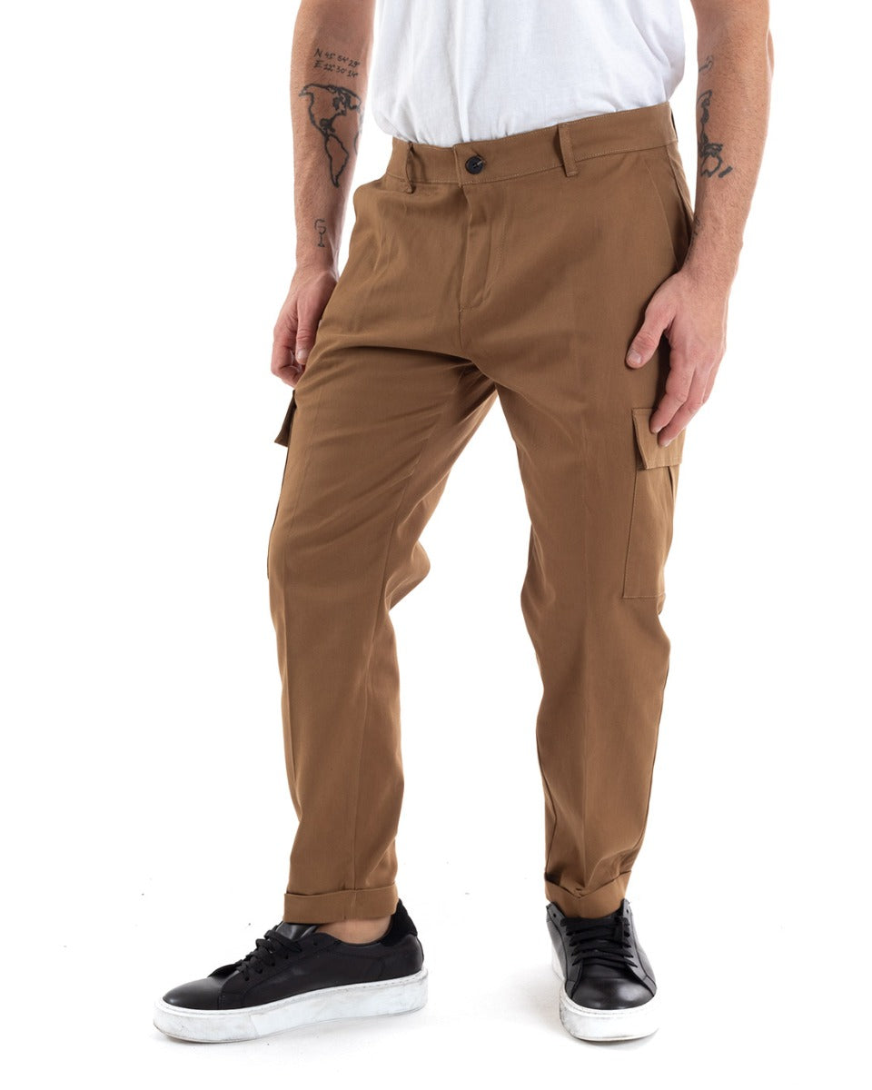 Men's Long Basic Cargo Trousers Solid Color Pockets Camel Casual GIOSAL-P5567A