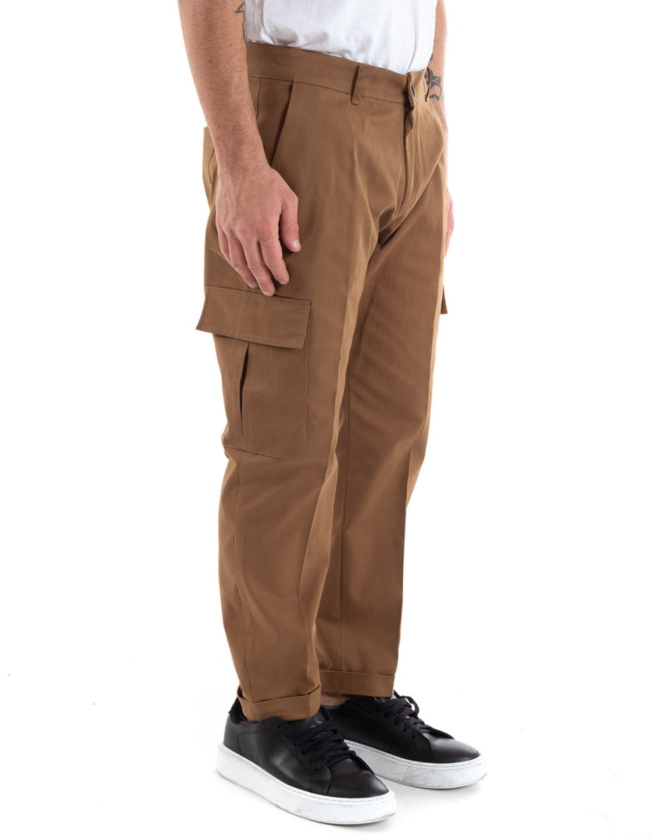 Men's Long Basic Cargo Trousers Solid Color Pockets Camel Casual GIOSAL-P5567A