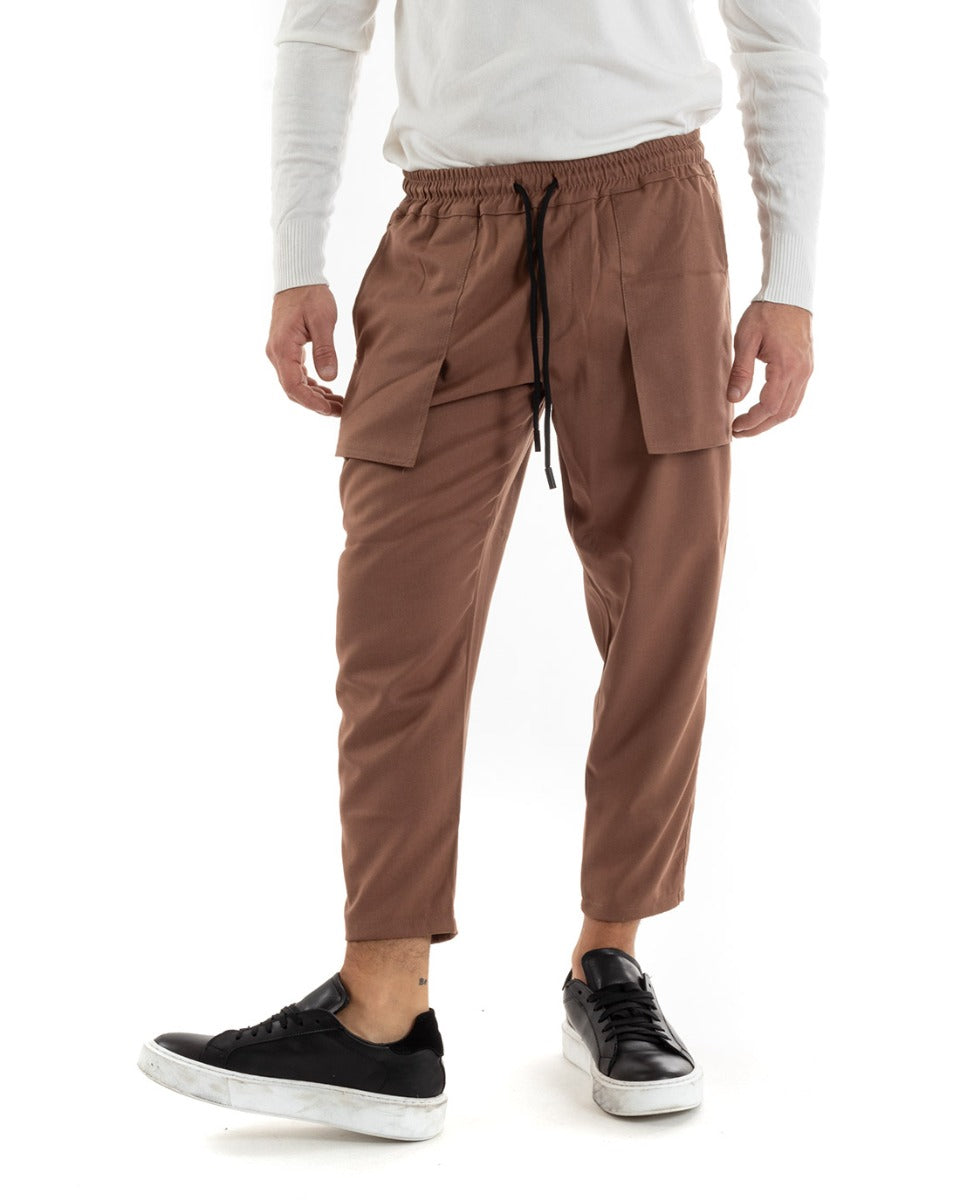 Long Men's Trousers with Pockets Solid Color Tobacco Elastic Drawstring GIOSAL-P5571A