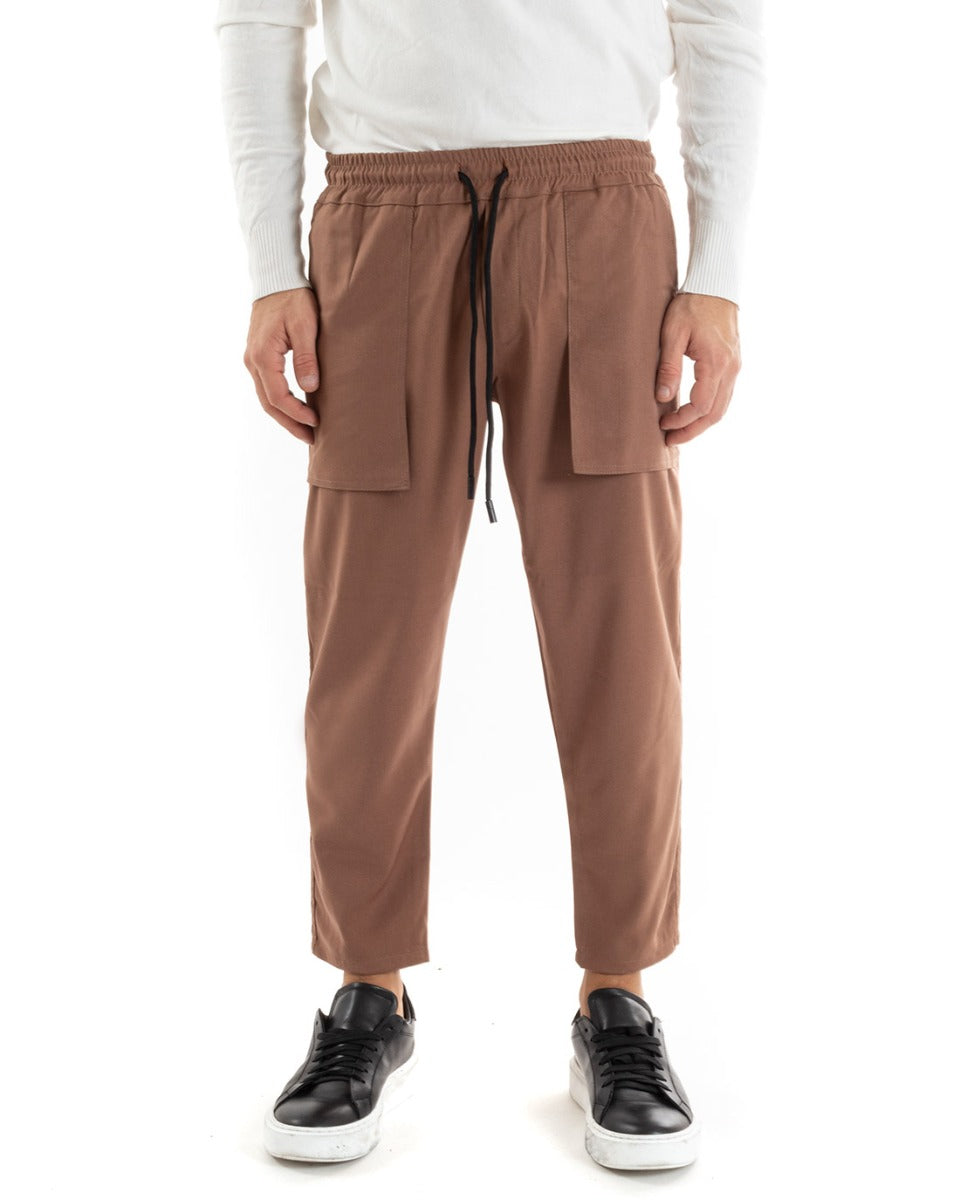 Long Men's Trousers with Pockets Solid Color Tobacco Elastic Drawstring GIOSAL-P5571A