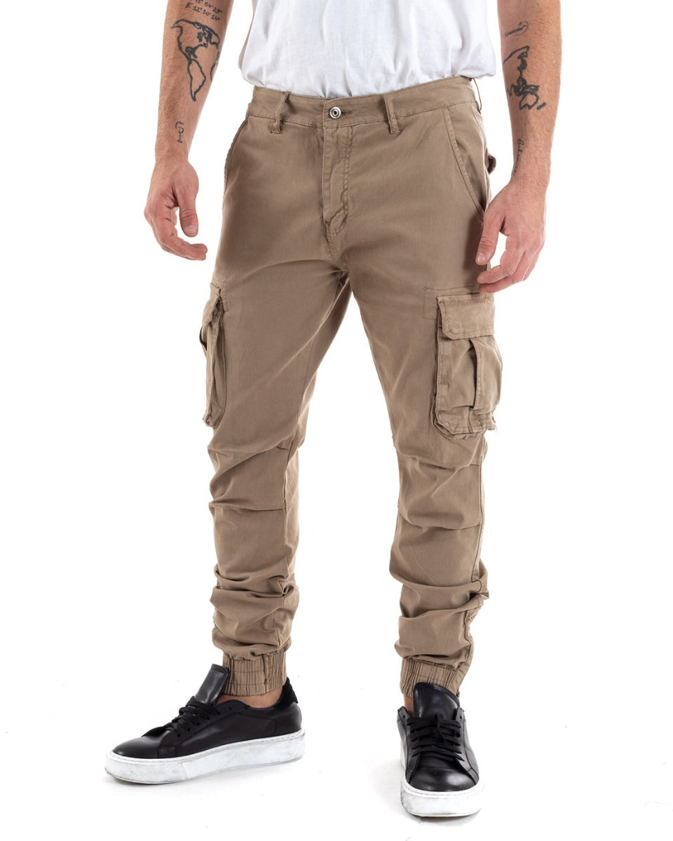 Men's Long Slim Cargo Pants Zip Bottom Solid Color Beige Casual Basic GIOSAL-P5577A