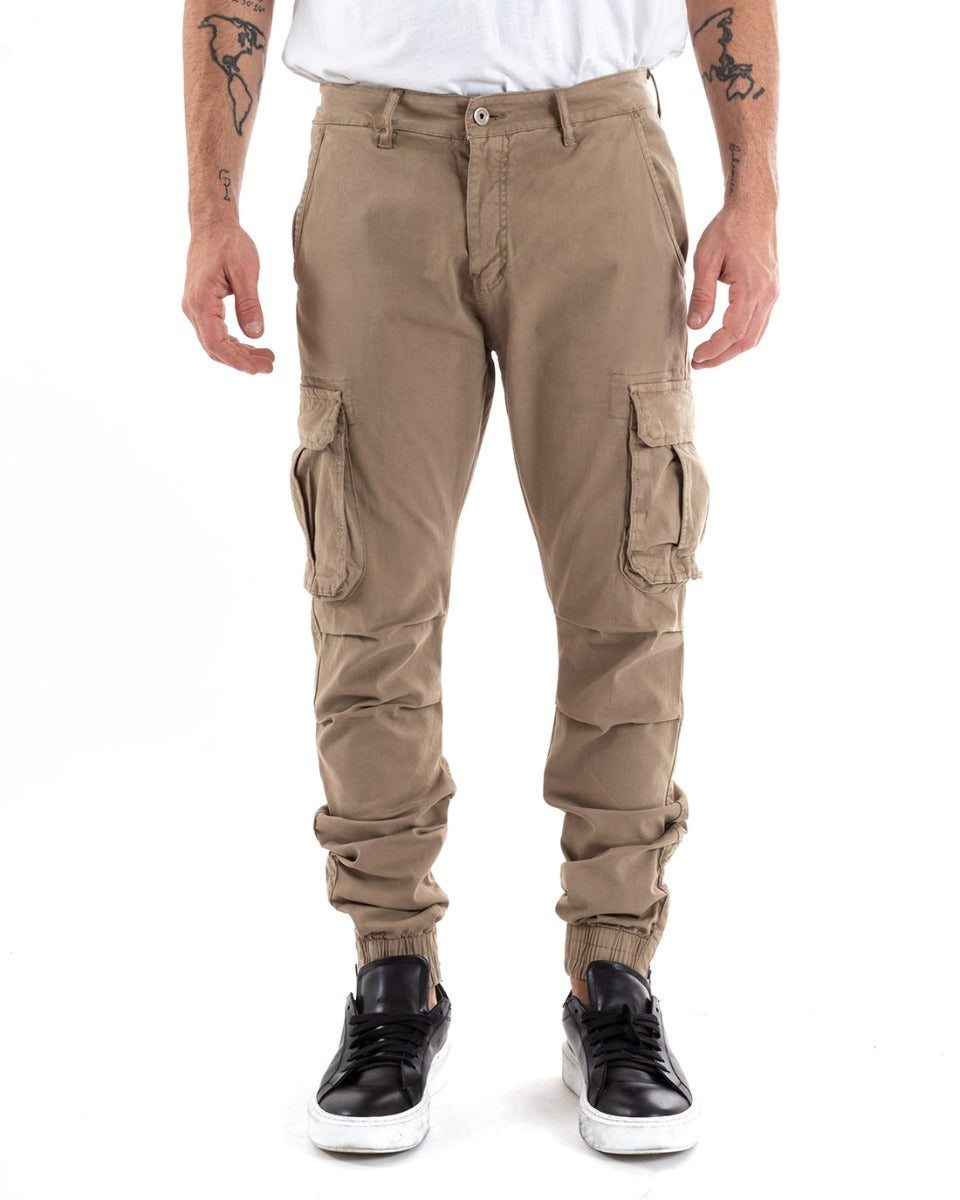 Men's Long Slim Cargo Pants Zip Bottom Solid Color Beige Casual Basic GIOSAL-P5577A