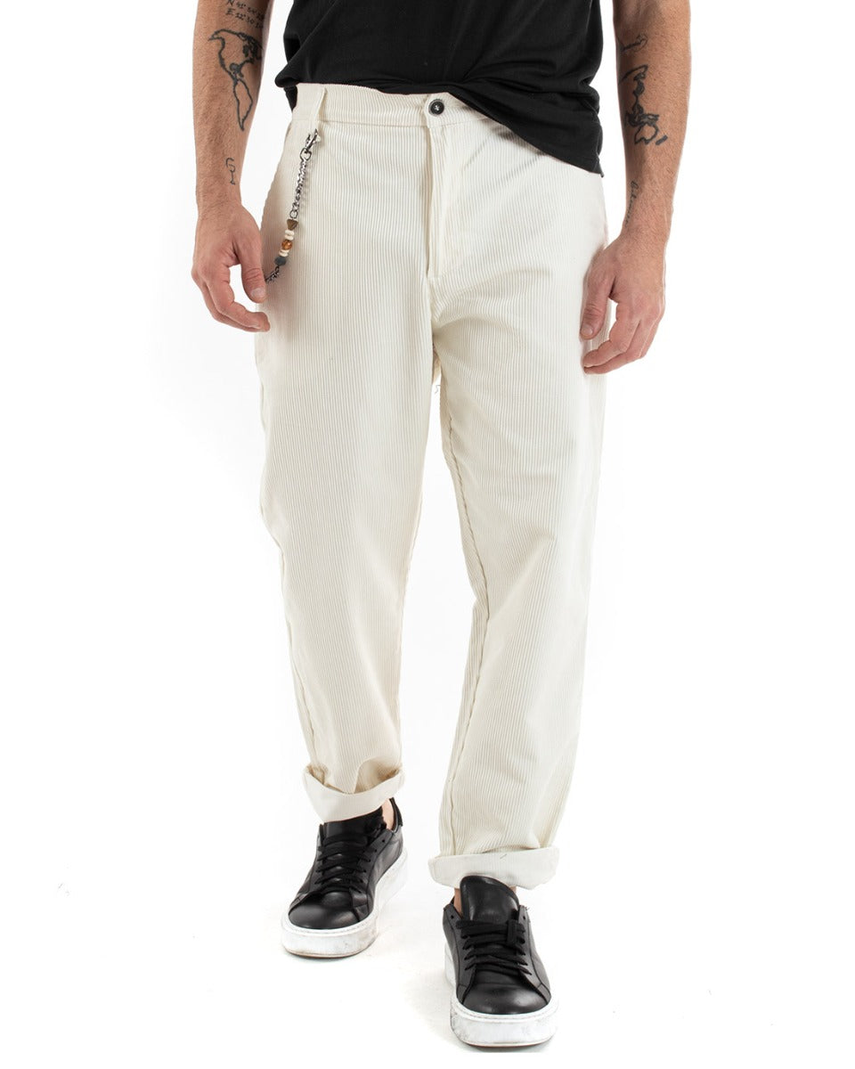 Men's Long Ribbed Velvet Casual Elastic Trousers Solid Color White GIOSAL-P5581A