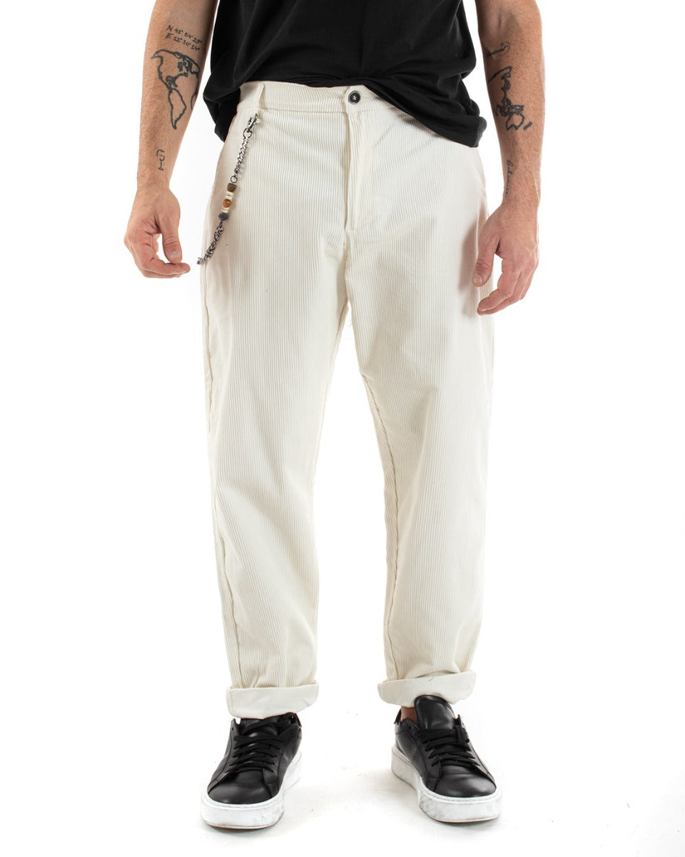 Men's Long Ribbed Velvet Casual Elastic Trousers Solid Color White GIOSAL-P5581A