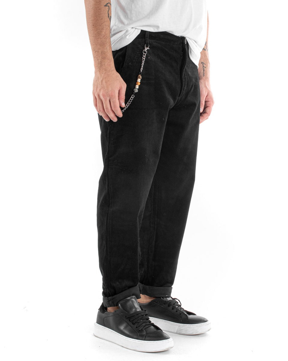 Men's Long Ribbed Velvet Casual Elastic Trousers Solid Color Black GIOSAL-P5582A