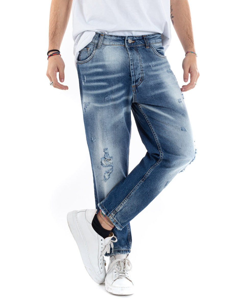 Pantaloni Jeans Uomo Loose Fit Denim Con Rotture Stone Washed Cinque Tasche GIOSAL-P5592A