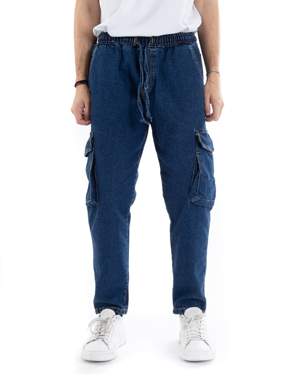 Pantaloni Jeans Uomo Regular Fit Cargo Denim Scuro Pantalaccio GIOSAL-P5594A