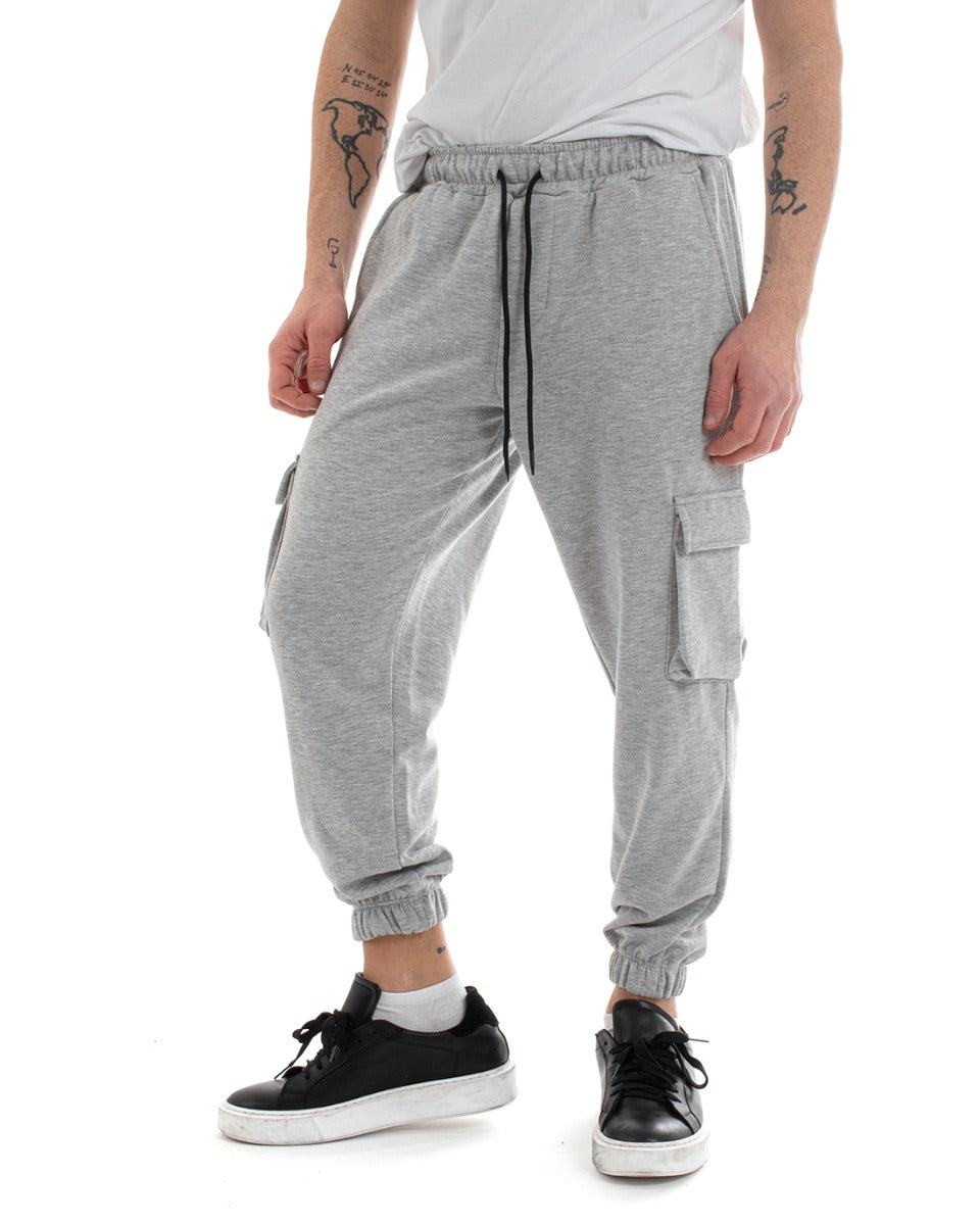 Men's Long Cargo Pants Solid Color Casual Elastic Gray GIOSAL-P5618A
