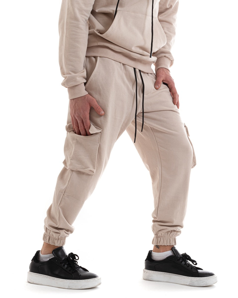 Men's Long Cargo Pants Solid Color Beige Casual Elastic GIOSAL-P5621A