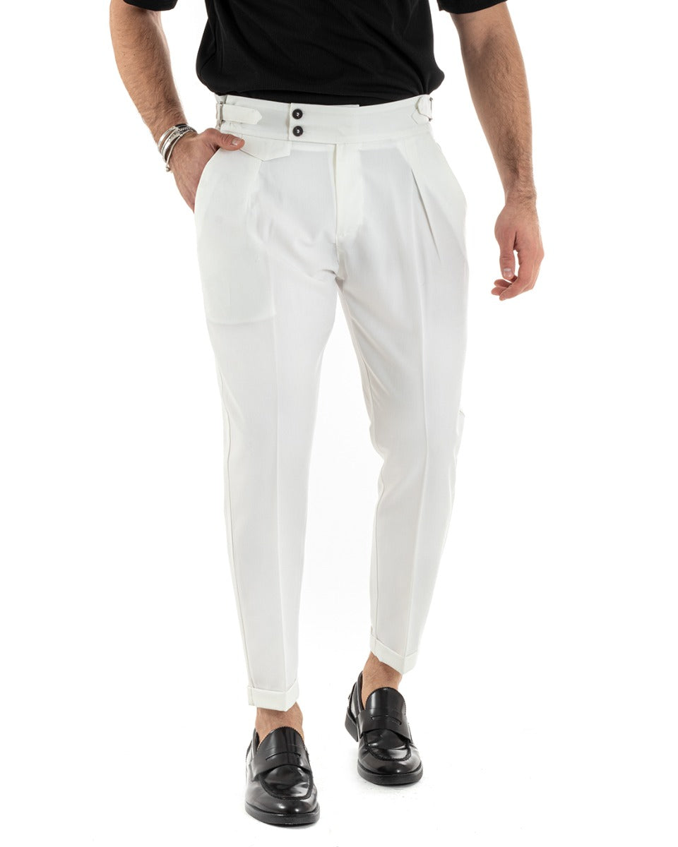Pantaloni Uomo Tasca America Abbottonatura Allungata Classico Viscosa Fibbia Casual Bianco GIOSAL-P5625A