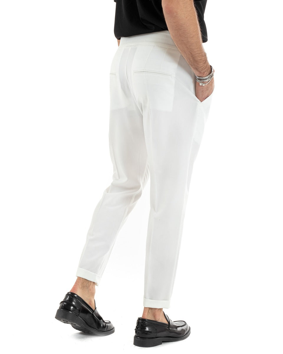 Pantaloni Uomo Tasca America Abbottonatura Allungata Classico Viscosa Fibbia Casual Bianco GIOSAL-P5625A