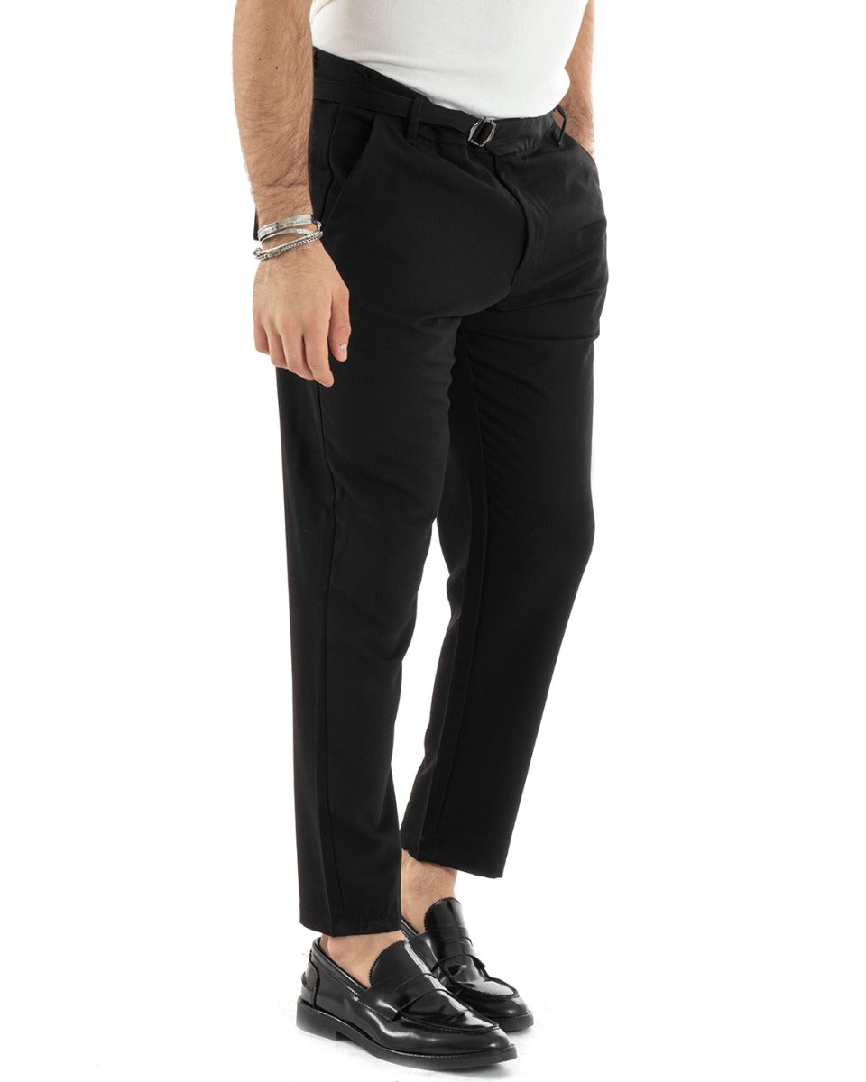 Men's Long Viscose Trousers Solid Color Black Classic Buckle GIOSAL-P5627A