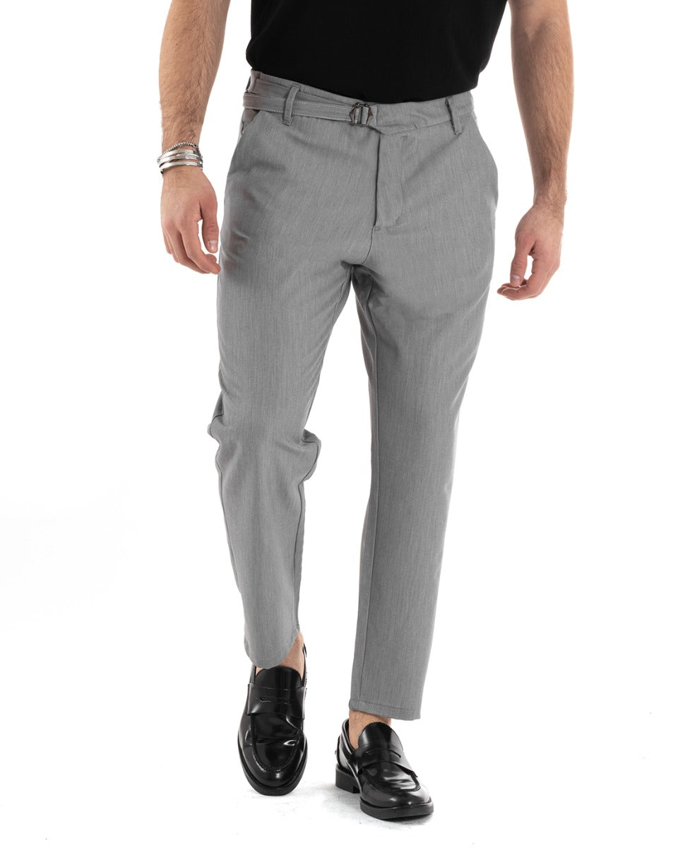 Men's Long Viscose Trousers Solid Color Gray Classic Buckle GIOSAL-P5628A