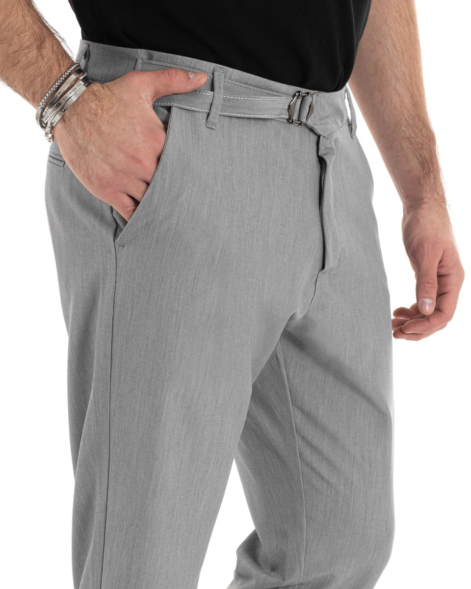 Men's Long Viscose Trousers Solid Color Gray Classic Buckle GIOSAL-P5628A