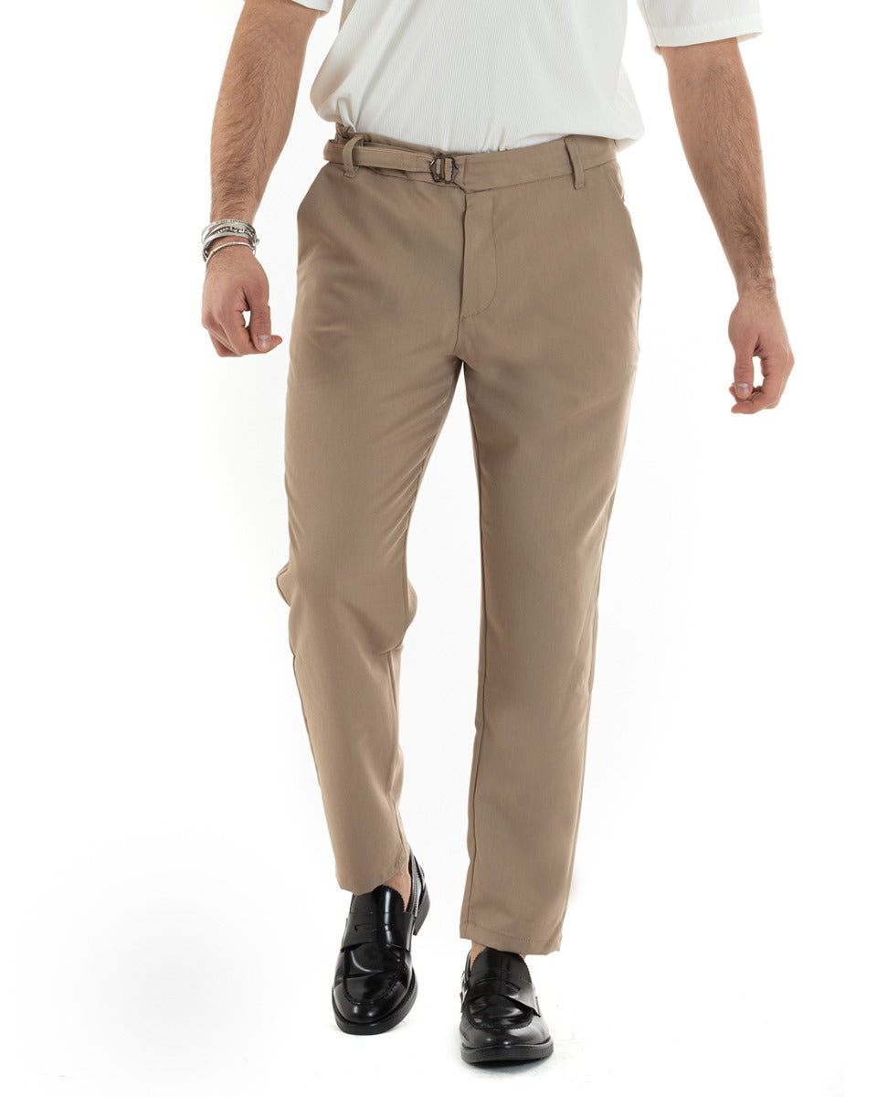 Men's Long Viscose Trousers Solid Color Camel Classic Buckle GIOSAL-P5629A