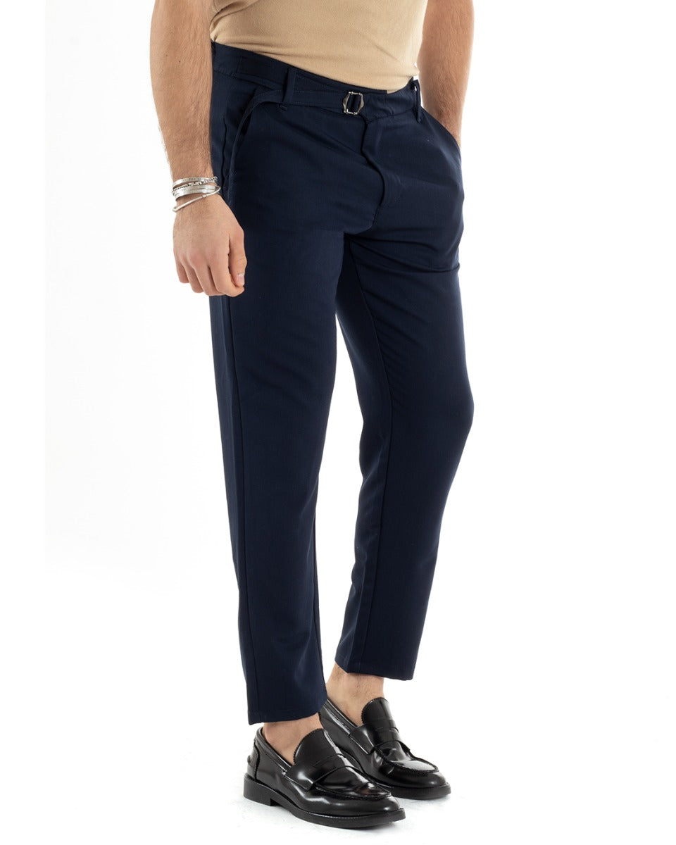 Men's Long Viscose Trousers Solid Color Blue Classic Buckle GIOSAL-P5630A