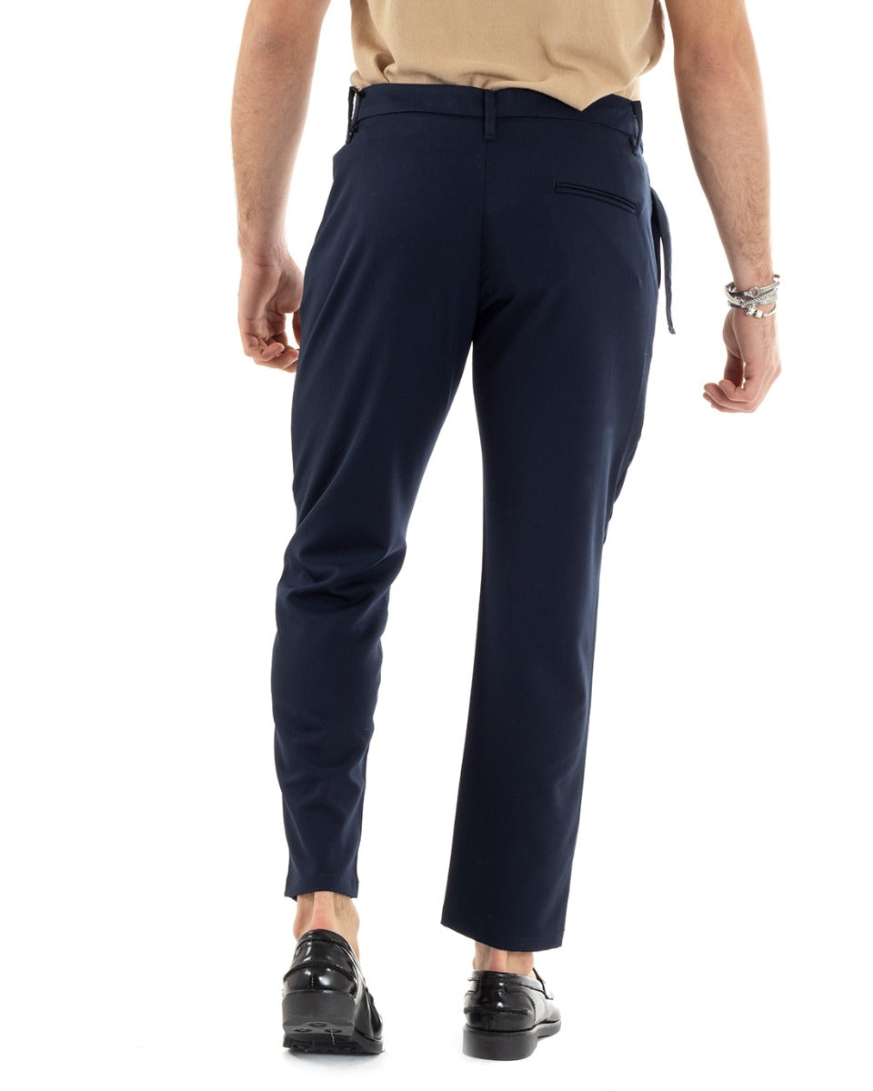 Men's Long Viscose Trousers Solid Color Blue Classic Buckle GIOSAL-P5630A