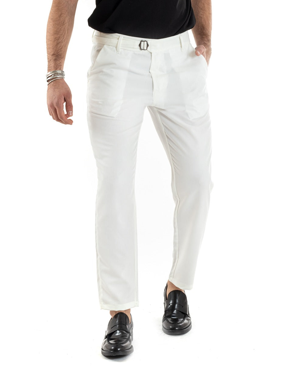 Men's Long Viscose Trousers Solid Color White Classic Buckle GIOSAL-P5631A