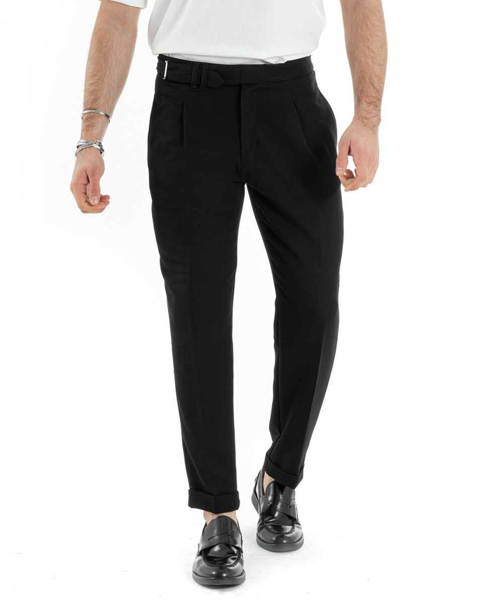 Men's Long Viscose Trousers Solid Color Black Classic Buckle GIOSAL-P5632A