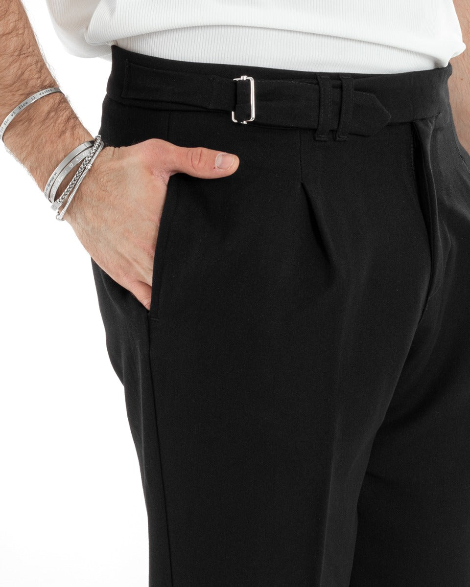 Men's Long Viscose Trousers Solid Color Black Classic Buckle GIOSAL-P5632A