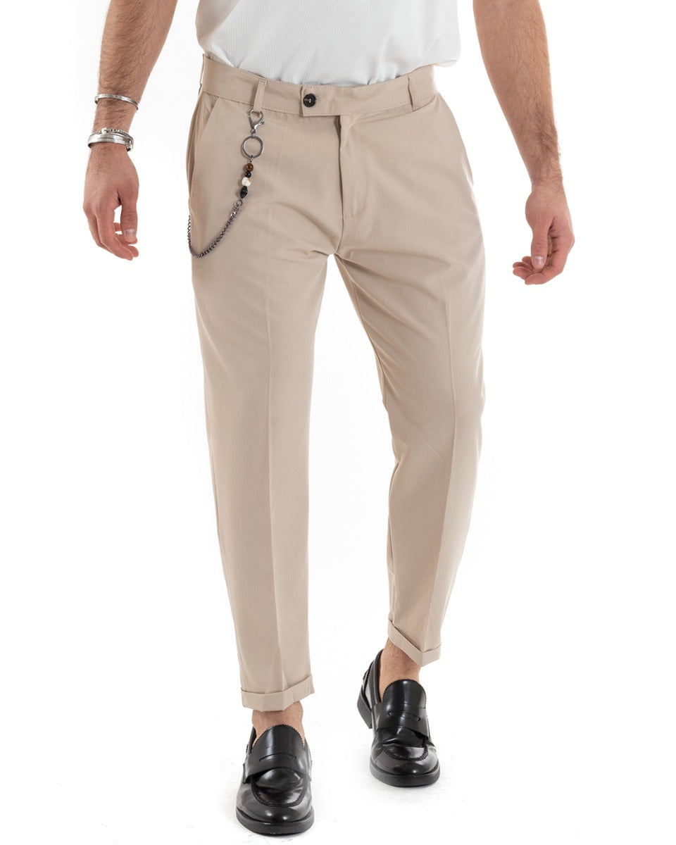 Classic Men's Trousers Elongated Button Viscose Casual Solid Color Beige GIOSAL-P5640A