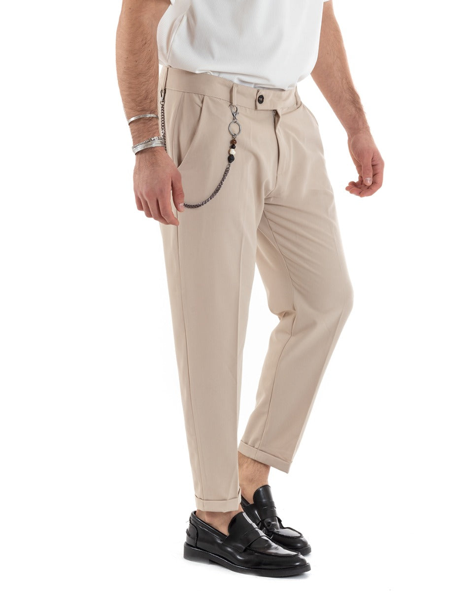 Classic Men's Trousers Elongated Button Viscose Casual Solid Color Beige GIOSAL-P5640A