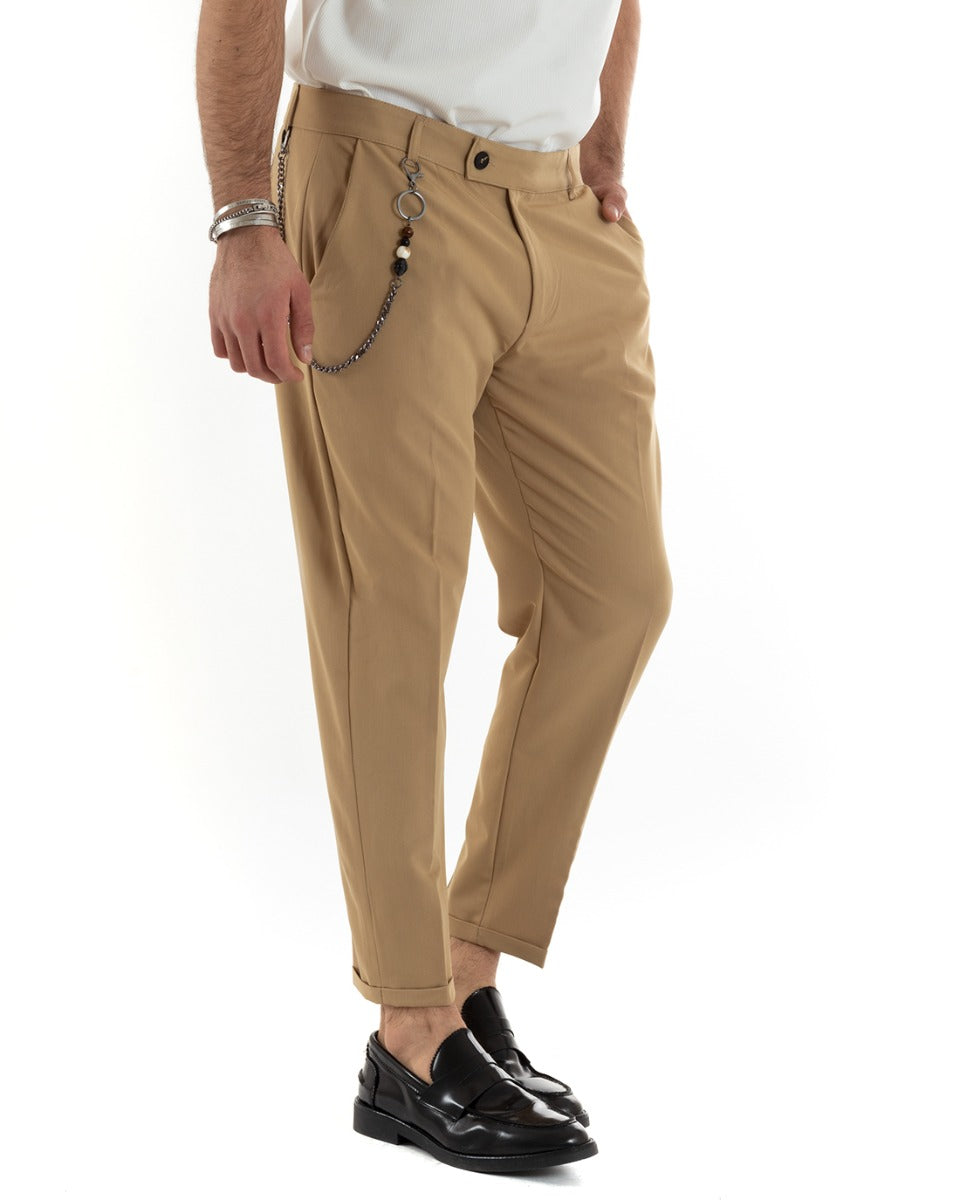 Classic Men's Trousers Elongated Button Viscose Casual Solid Color Camel GIOSAL-P5641A