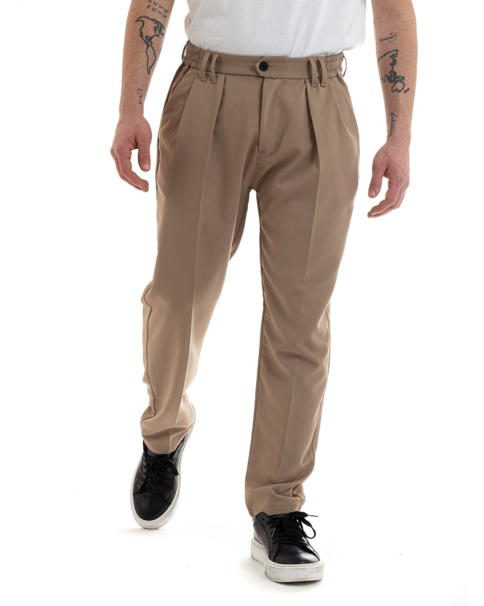 Men's Long Viscose Trousers Unit Color Camel Elastic Straight GIOSAL-P5645A