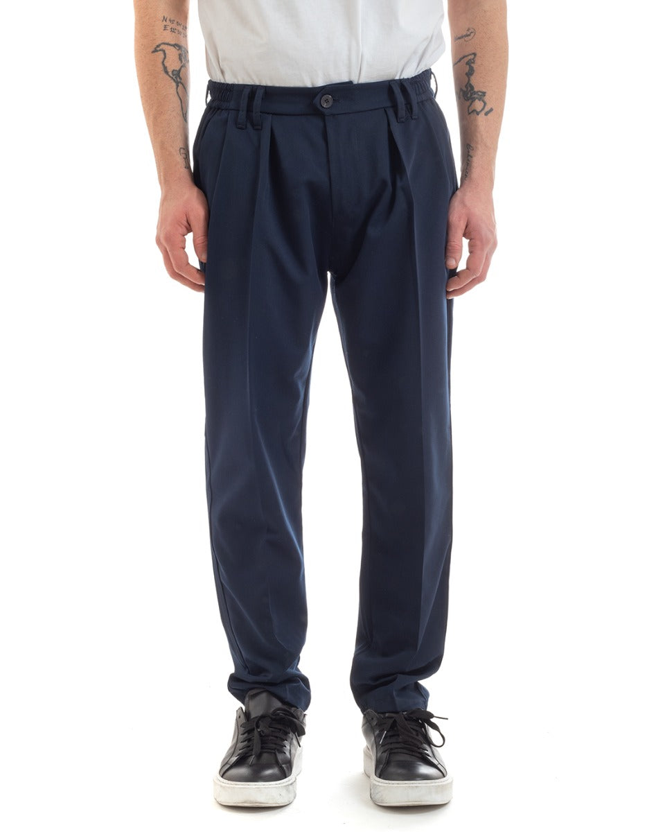 Men's Long Viscose Trousers Solid Color Blue Elastic Straight GIOSAL-P5648A