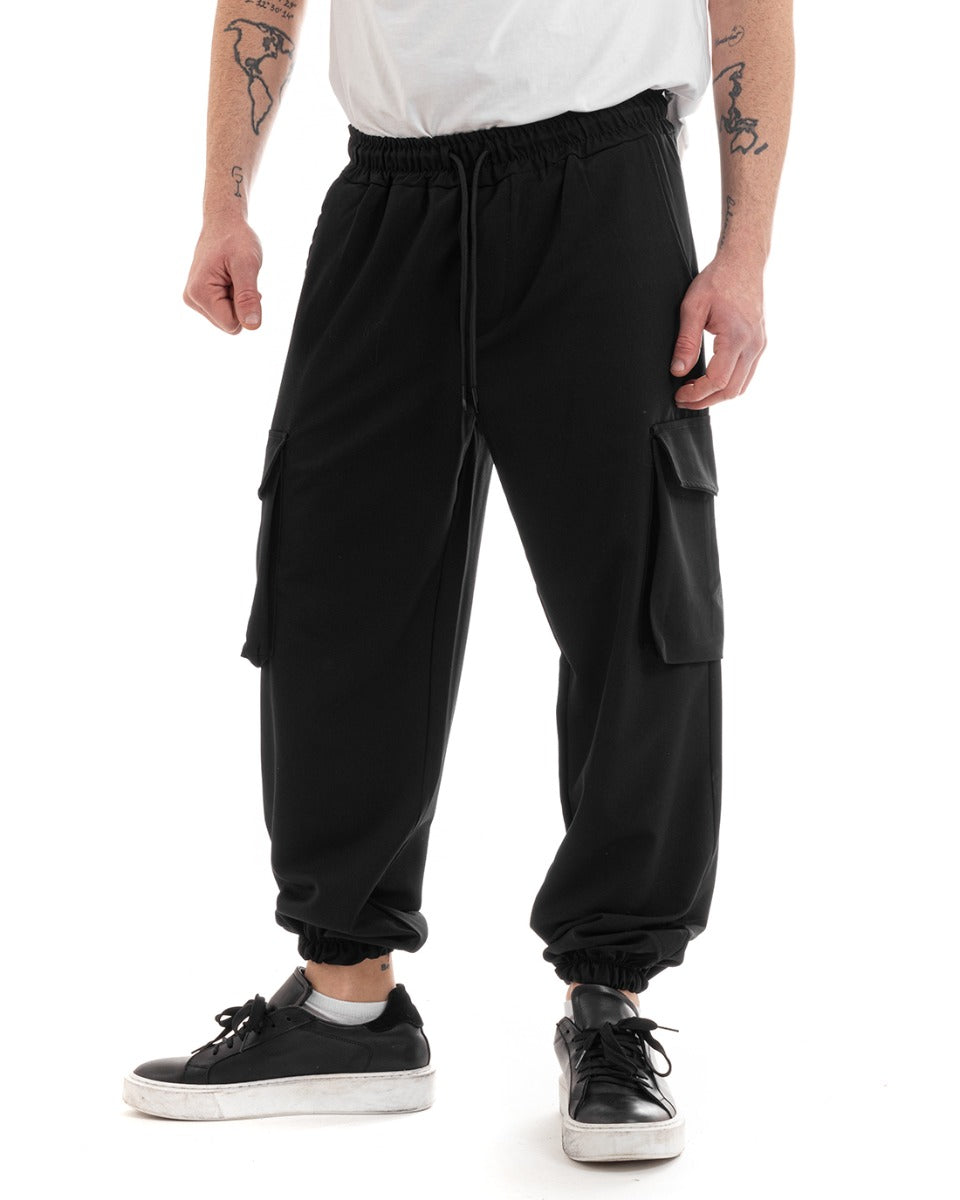 Men's Long Cargo Trousers Viscose Solid Color Black Elastic GIOSAL-P5650A